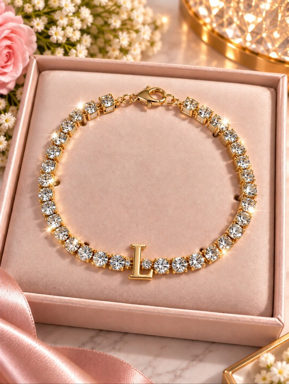 Gold Tone Crystal Tennis Bracelet with Letter L Initial Charm Sparkling Personal